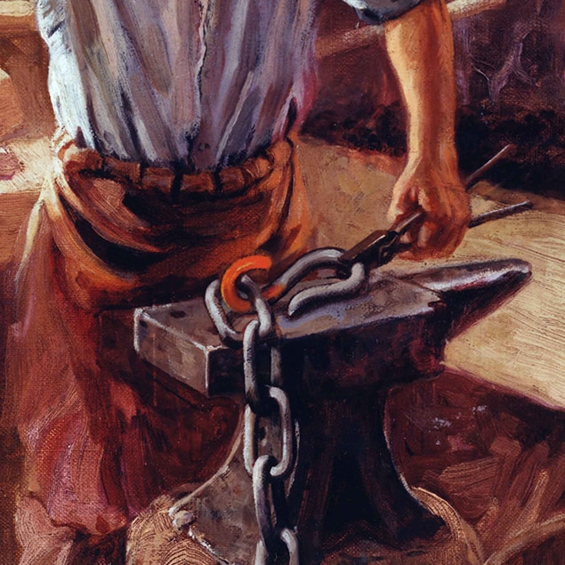 Kresba Waltera Haskella Hintona, na ktorej John Deere pracuje vo svojej kováčskej dielni.