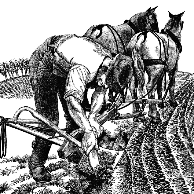 Perokresba farmára zoškrabujúceho hlinu z oceľového pluhu