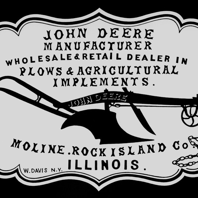Historický inzerát z roku 1855 "Výrobca John Deere, veľkoobchodný a maloobchodný predajca pluhov a poľnohospodárskeho príslušenstva. Moline, Rock Island Co. Illinois”