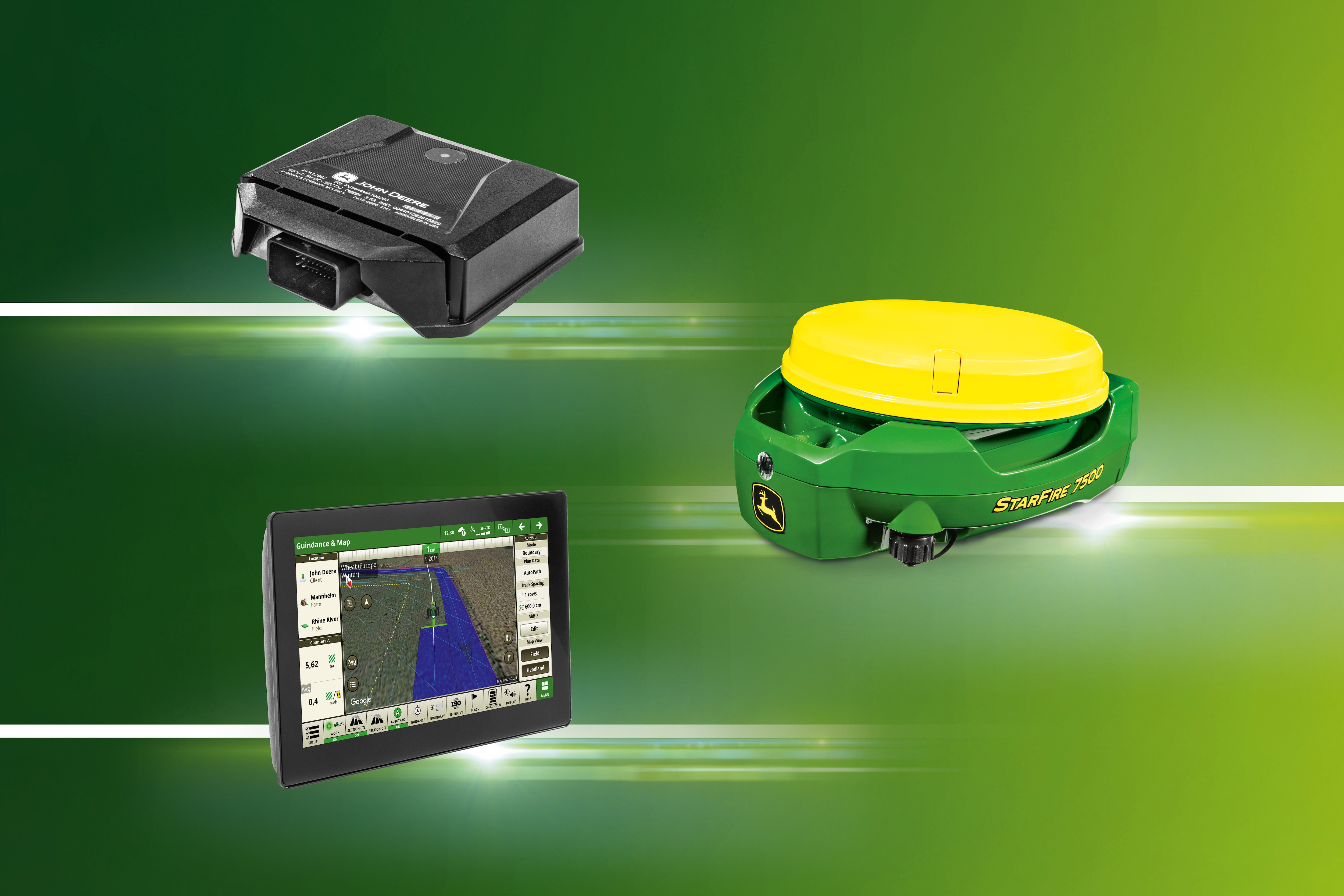 ohn Deere Essentials Package – StarFire™ 7500 receiver, G5/G5Plus display, and JDLink™ M Modem on green and yellow digital backg