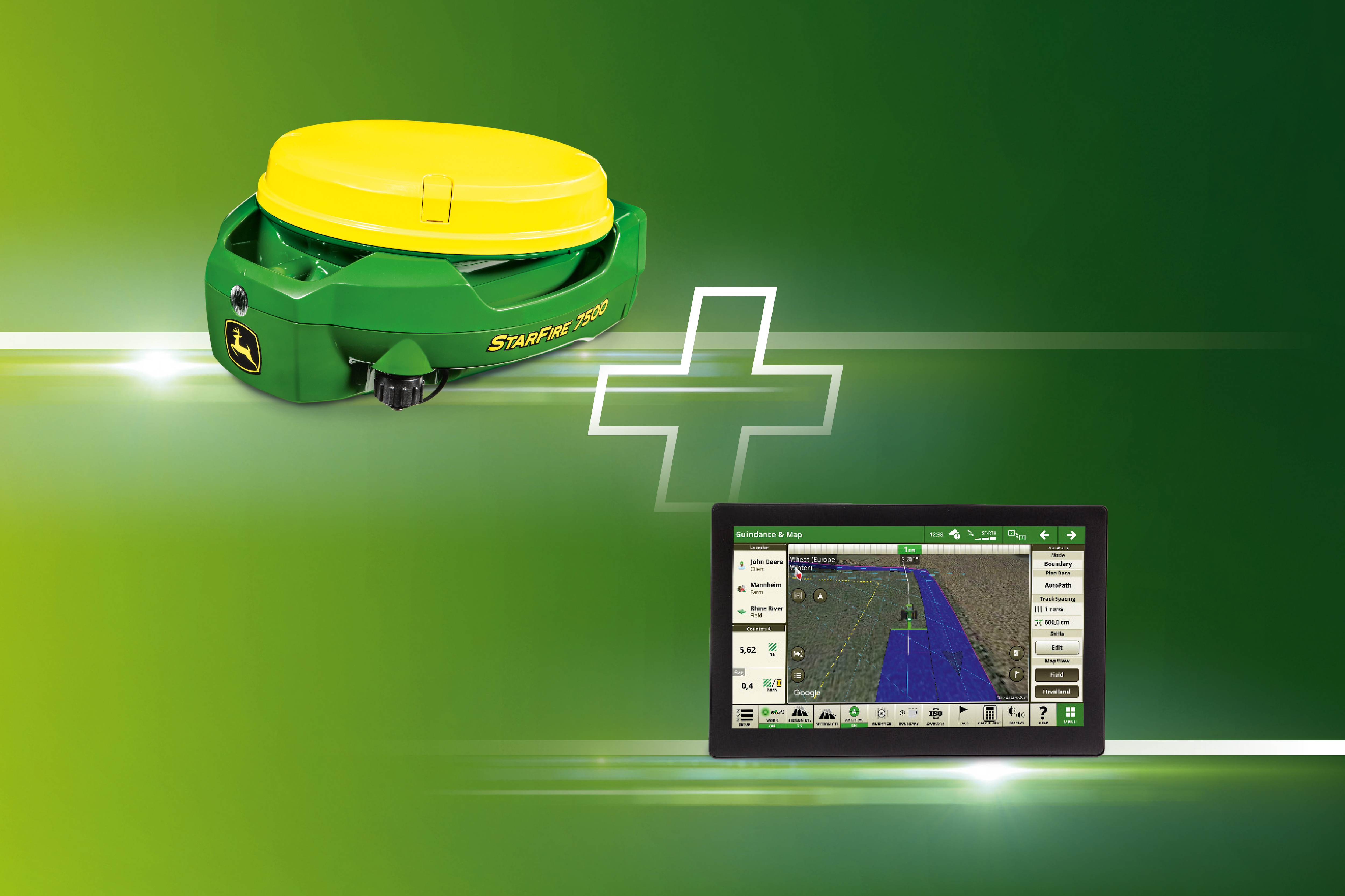John Deere Original Way Package – StarFire™ 7500 receiver and G5/GSPlus display on green and yellow digital background