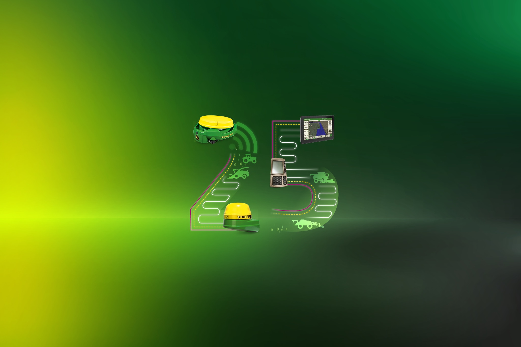 25 Years of John Deere Precision Ag – digital number 25 featuring historical and current components on a green and yellow artifi