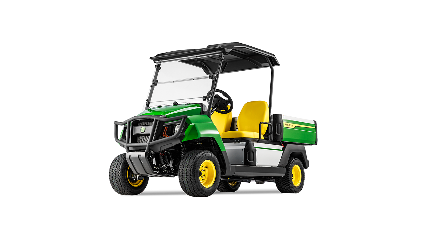 Predný šikmý pohľad na elektrický model John Deere Gator GS zvýrazňujúci mriežku, predné svetlá a žlté sedadlá.
