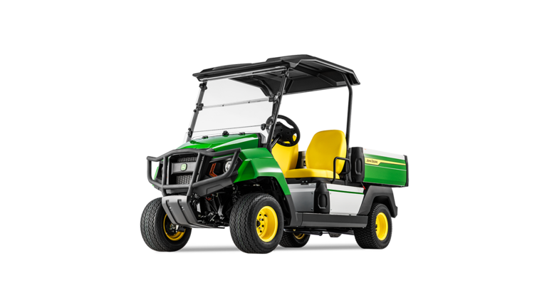 Predný šikmý pohľad na elektrický model John Deere Gator GS zvýrazňujúci mriežku, predné svetlá a žlté sedadlá.