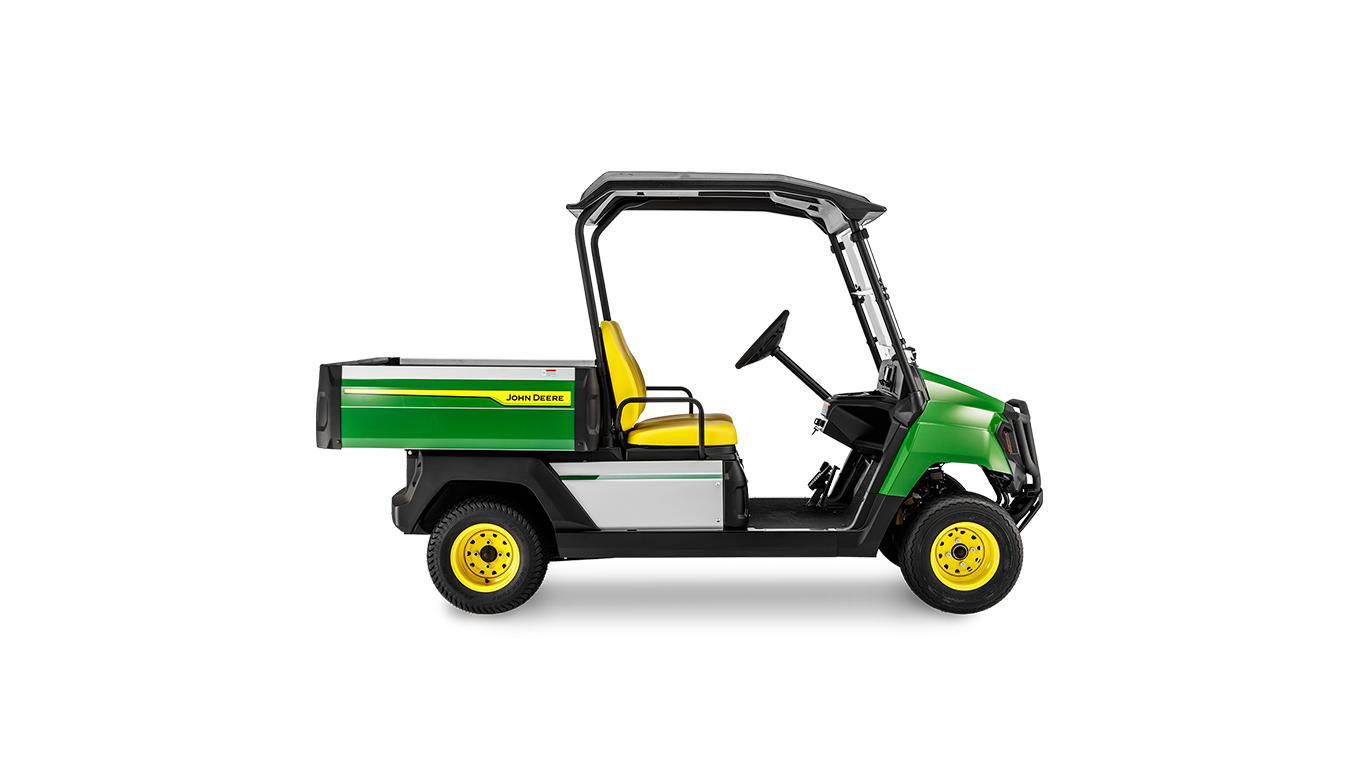 Bočný profil benzínového úžitkového vozidla John Deere Gator GS so zelenou karosériou, žltými kolesami a otvorenou kabínou.