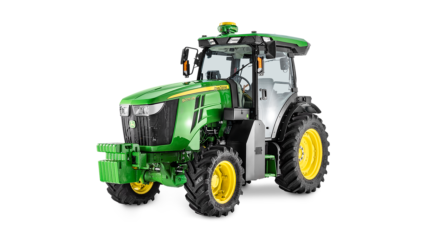 Traktor John Deere 5075EN v zelenožltej farbe, zobrazený v trojštvrtinovom čelnom pohľade.