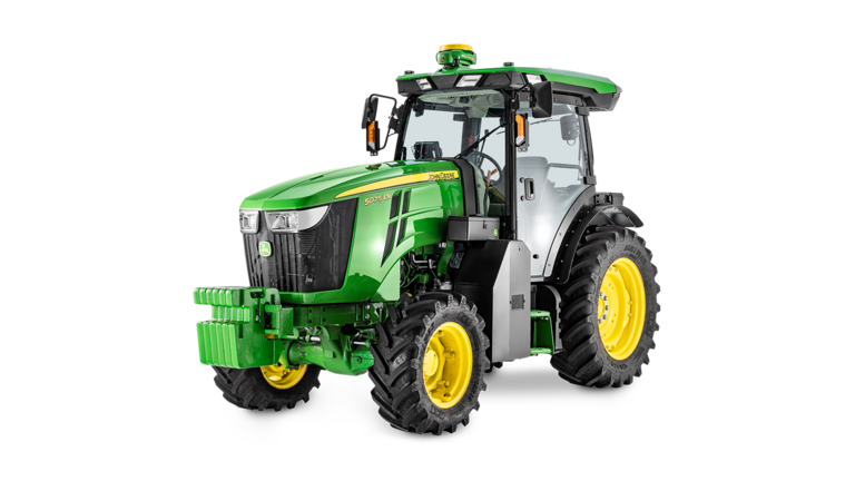 Traktor John Deere 5075EN v zelenožltej farbe, zobrazený v trojštvrtinovom čelnom pohľade.