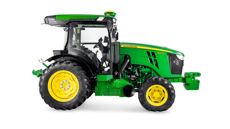 Bočný profil traktora John Deere 5090EN s dôrazom na konštrukciu kabíny a veľké zadné pneumatiky.