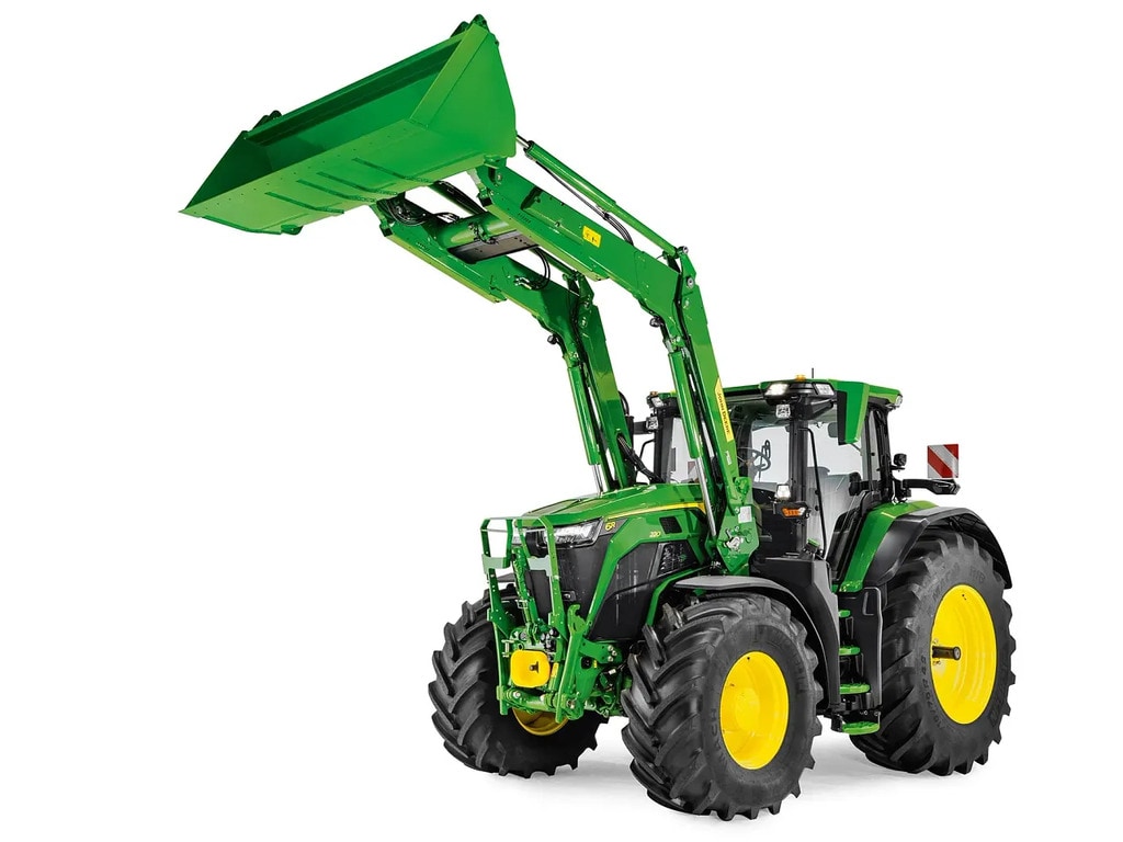 Prídavné zariadenie čelného nakladača John Deere so širokou lyžicou, zobrazené odpojené na bielom pozadí.